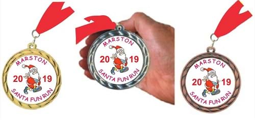 Santa Fun Run Gold Silver Bronze 70mm Budget Medals With Ribbon Santa Fun Run Gold Silver Bronze 70mm Budget Medals With Ribbon